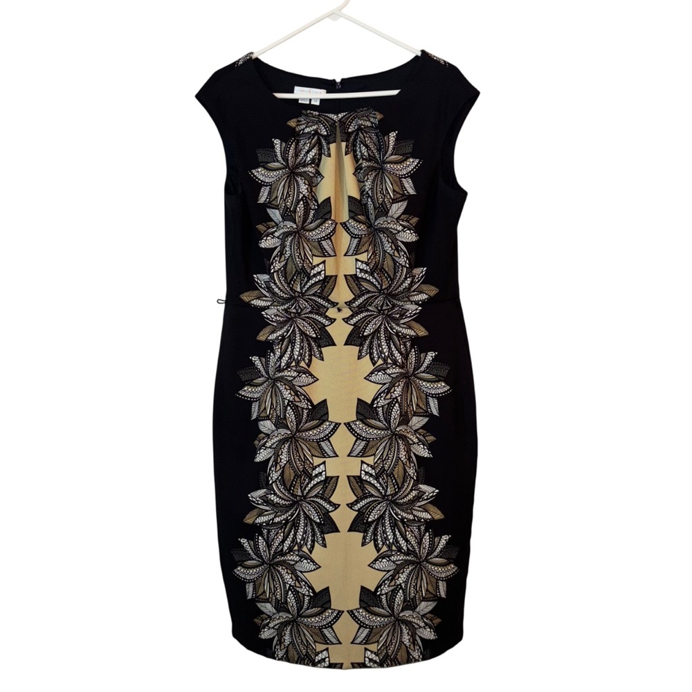 London Times | Boho Paisley Print Black Shift Sheath Dress Stretchy Size 14